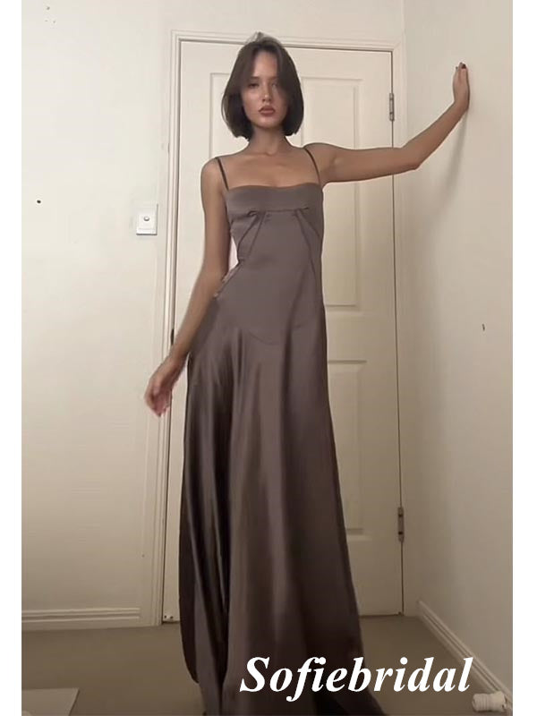 Simple Dusty-Grey Soft Satin Spaghetti Strap Minimalist Maxi Dress, PD01246
