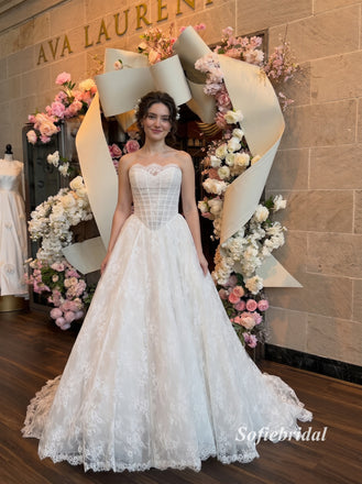 Strapless Sweetheart Lace Corset A-Line Wedding Dress, Allover Floral Lace Bridal Gown, SFWD0147
