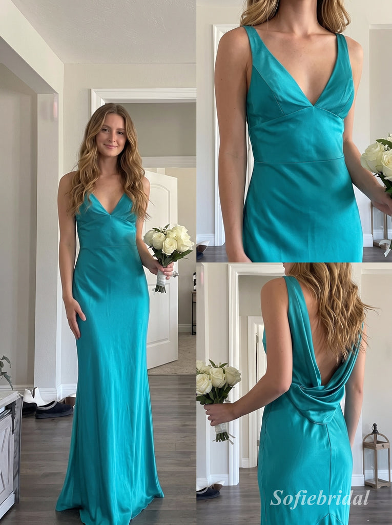 Turquoise V-Neck Satin Mermaid Dress, Sleek Floor Length Evening Gown,PD13890