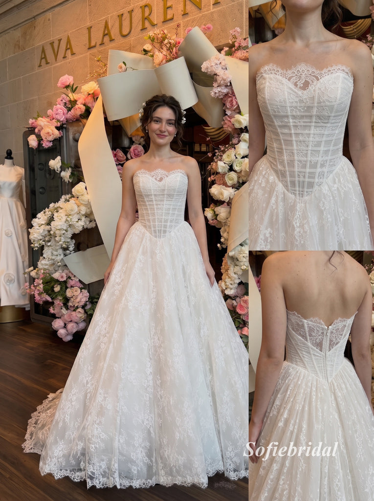 Strapless Sweetheart Lace Corset A-Line Wedding Dress, Allover Floral Lace Bridal Gown, SFWD0147