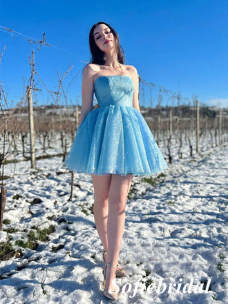 Sexy Shiny Blue Tulle Sweetheart A-Line Mini Dresses/ Homecoming Dresses, HD0260