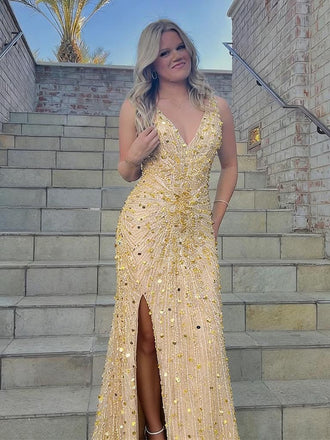 Shiny Gold Sequin Beaded Mermaid Prom Dress with Slit and Open Back, PD01211