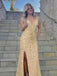 Shiny Gold Sequin Beaded Mermaid Prom Dress with Slit and Open Back, PD01211