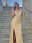 Shiny Gold Sequin Beaded Mermaid Prom Dress with Slit and Open Back, PD01211