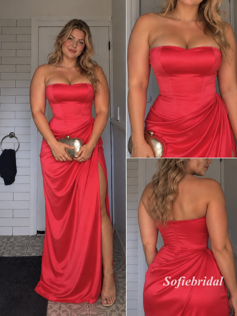 Fuchsia Strapless Draped Slit Satin Gown, Sweetheart Ruched Formal Prom Dress, PD13953
