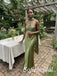 Olive Green Satin Strapless Pleated Bodice Neck Scarf Floor Length Mermaid Bridesmaid Dress, SFWG00719