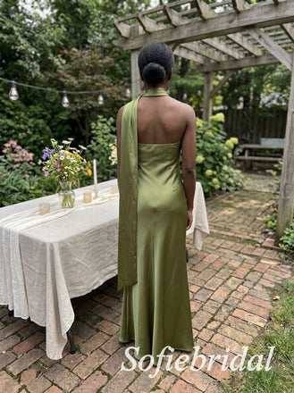 Olive Green Satin Strapless Pleated Bodice Neck Scarf Floor Length Mermaid Bridesmaid Dress, SFWG00719