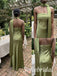 Olive Green Satin Strapless Pleated Bodice Neck Scarf Floor Length Mermaid Bridesmaid Dress, SFWG00719