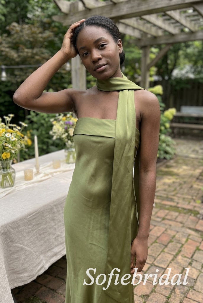 Olive Green Satin Strapless Pleated Bodice Neck Scarf Floor Length Mermaid Bridesmaid Dress, SFWG00719