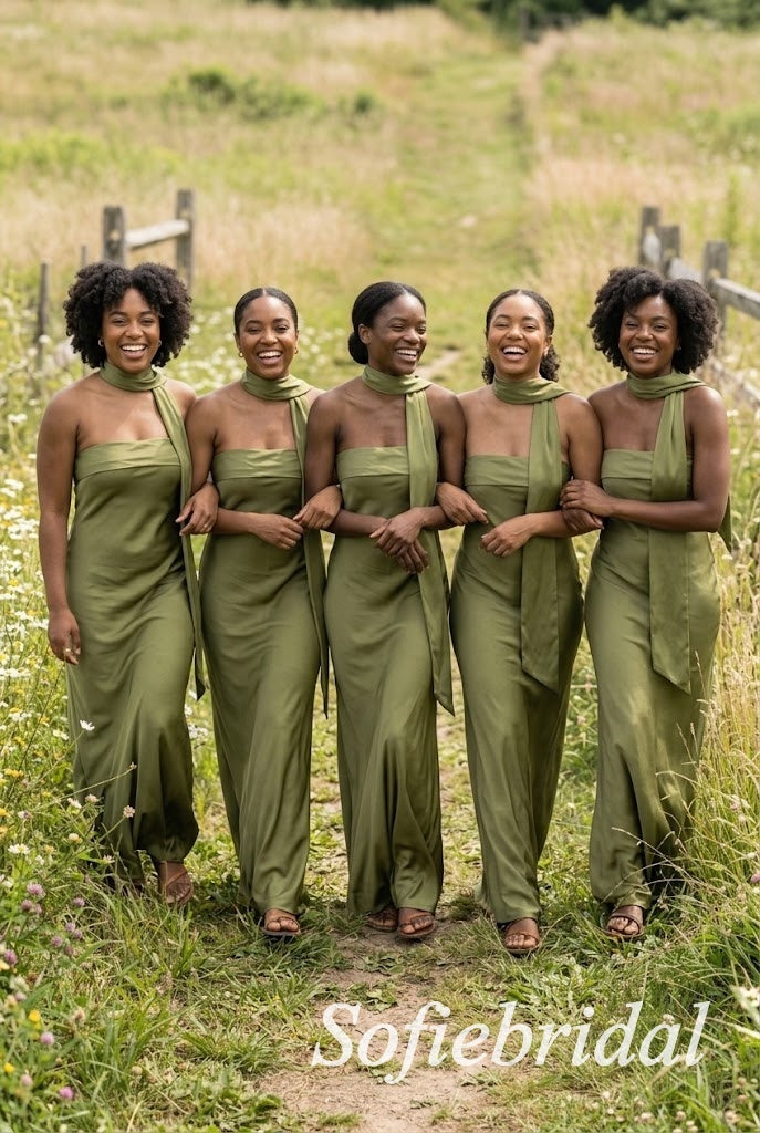 Olive Green Satin Strapless Pleated Bodice Neck Scarf Floor Length Mermaid Bridesmaid Dress, SFWG00719