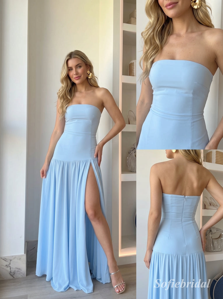 Light Blue Strapless Chiffon High Slit Evening Dress, Tube Top Flowy Floor Length Prom Gown,PD13891