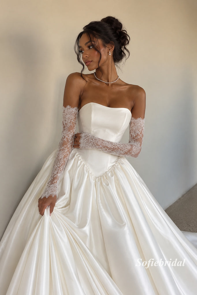 Strapless Square Neck Satin Ballgown Wedding Dress, Detachable Lace Long Sleeve Bridal Gown, SFWD0127