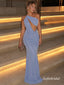 Light Blue Halter Sparkle Mermaid Gown, Cutout Draped Formal Prom Dress, PD13945