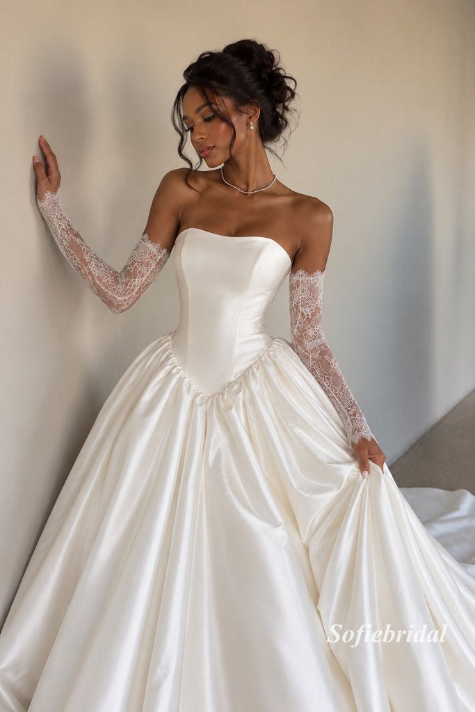 Strapless Square Neck Satin Ballgown Wedding Dress, Detachable Lace Long Sleeve Bridal Gown, SFWD0127