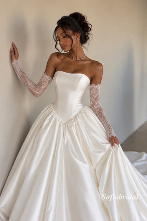Strapless Square Neck Satin Ballgown Wedding Dress, Detachable Lace Long Sleeve Bridal Gown, SFWD0127
