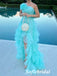 Mint Green One Shoulder Ruffled High Low Tulle Prom Dress with Flower Detail, PD01247