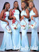 Sexy Soft Satin Spaghetti Straps Sleeveless Mermaid Floor Length Bridesmaid Dresses With Applique, SFWG00553