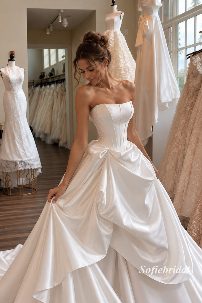 Square Neck Corset Satin Ballgown Wedding Dress, Bow Draped Tiered Bridal Gown with Train, SFWD0128