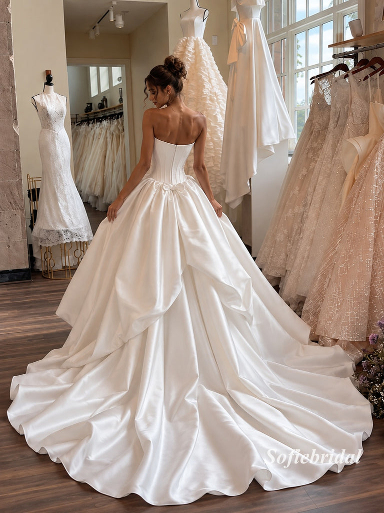 Square Neck Corset Satin Ballgown Wedding Dress, Bow Draped Tiered Bridal Gown with Train, SFWD0128
