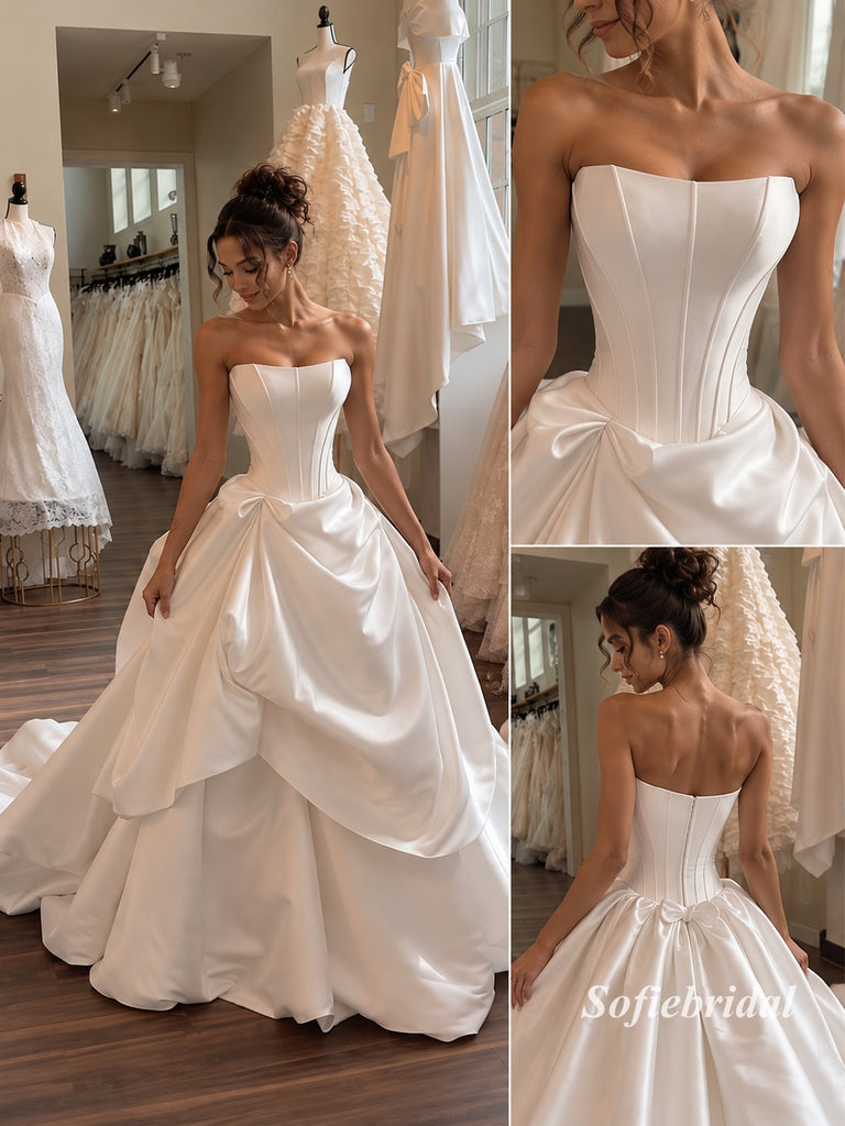 Square Neck Corset Satin Ballgown Wedding Dress, Bow Draped Tiered Bridal Gown with Train, SFWD0128