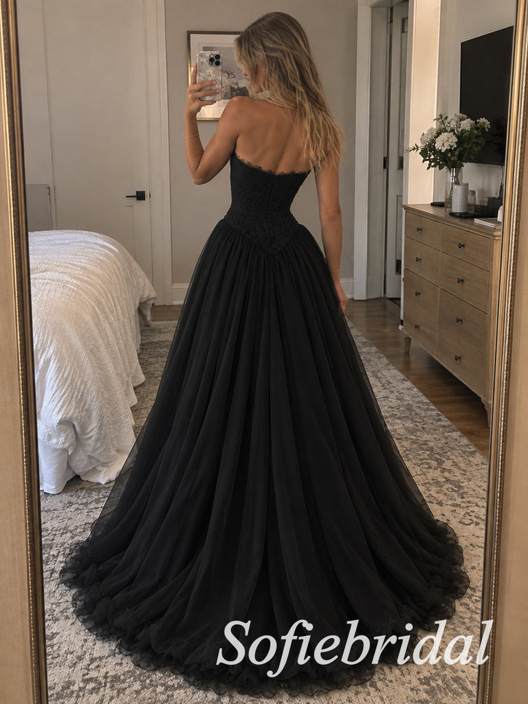 Black Tulle Strapless Sweetheart Neck Lace Corset Ruffled Hem Floor Length A-Line Prom Gown,PD1353