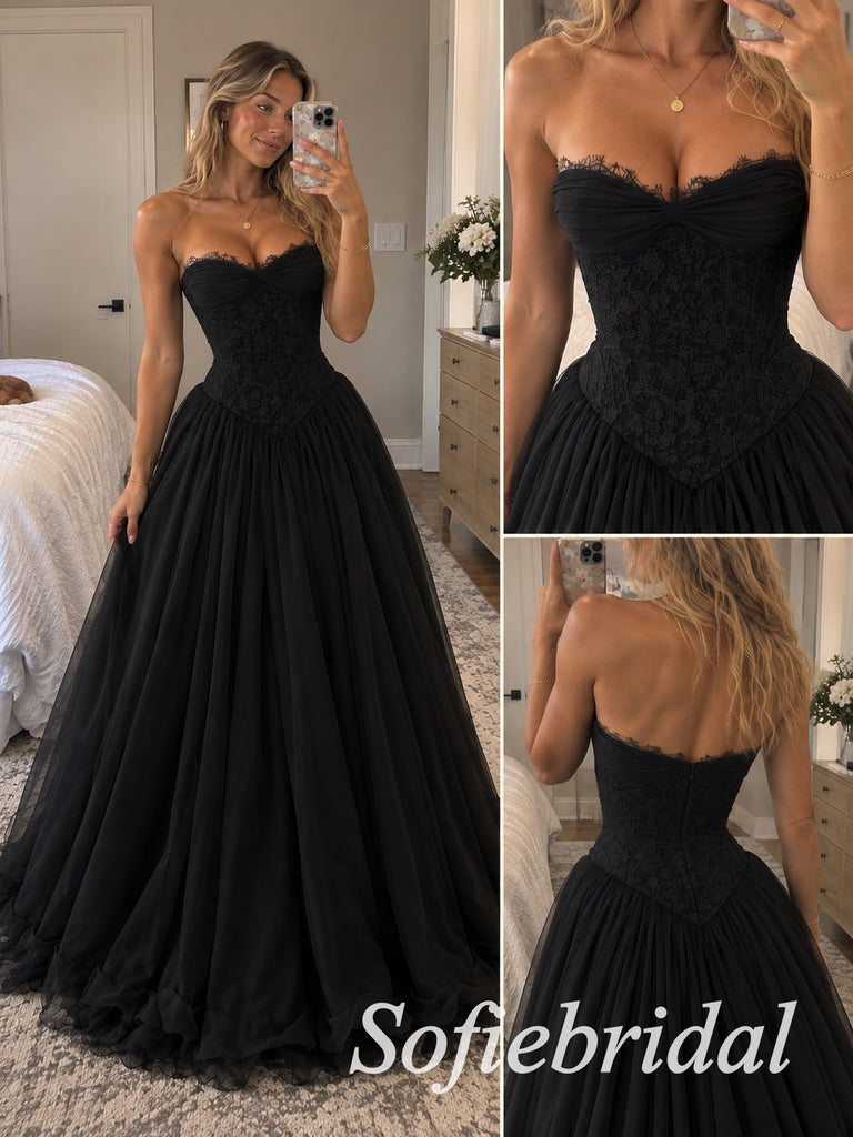 Black Tulle Strapless Sweetheart Neck Lace Corset Ruffled Hem Floor Length A-Line Prom Gown,PD1353