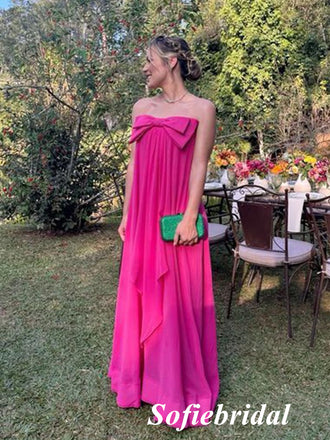 Hot Pink Strapless Bow Maxi Dress | Wedding Guest Formal Evening Gown, PD01248