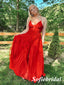 Sexy Red Tulle And Lace Spaghetti Straps V-Neck Sleeveless A-Line Long Prom Dresses, PD0991