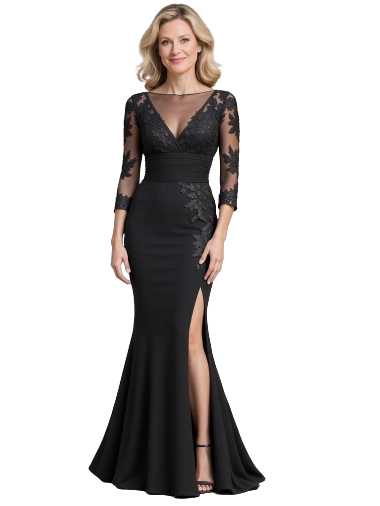Glamorous Black Illusion Long Sleeves High Slit Mermaid Mother of Bride Dress, SFM015