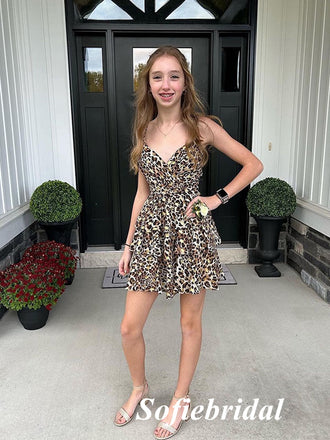 Sexy Leopard Print Spaghetti Straps V-Neck A-Line Mini Dresses/ Homecoming Dresses, HD0270