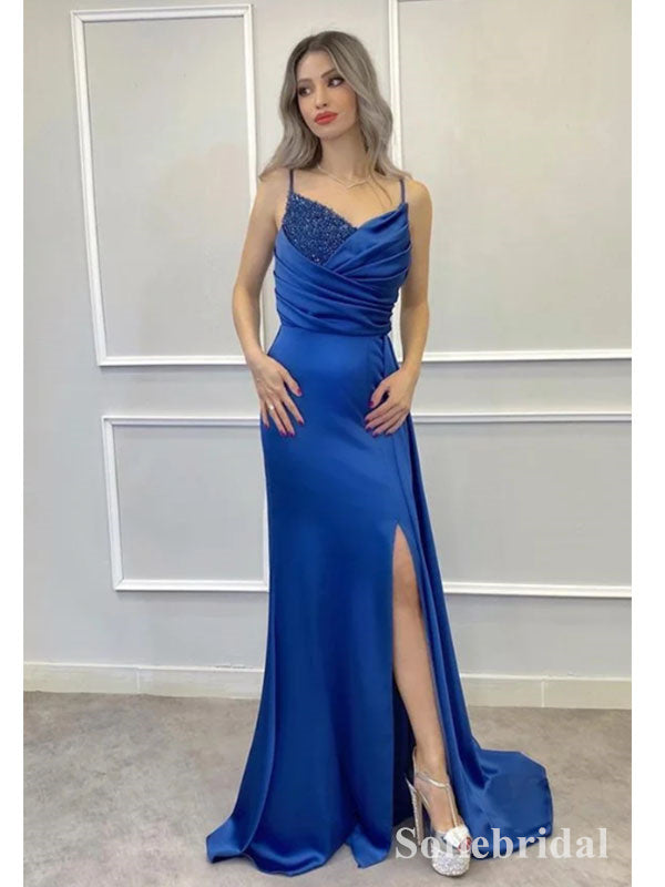 Sexy Satin Spaghetti Straps V-Neck Sleeveless Side Slit mermaid Long Prom Dresses With Beading, PD0883