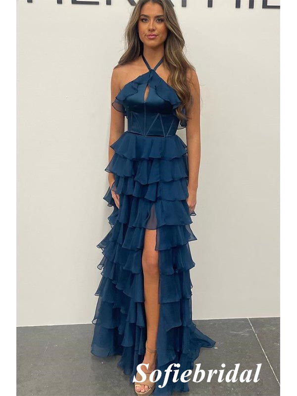 Navy Blue Chiffon Halter Ruffle Tiered Maxi Dress with Slit | Prom Formal Evening Dress, PD01249
