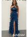 Navy Blue Chiffon Halter Ruffle Tiered Maxi Dress with Slit | Prom Formal Evening Dress, PD01249