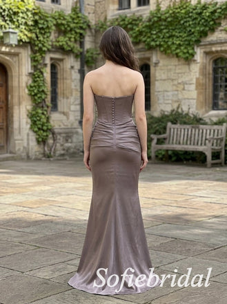 DustyTaupe Satin Strapless Sweetheart Corset Pleated Mermaid Floor Length Bridesmaid Dress,PD1355