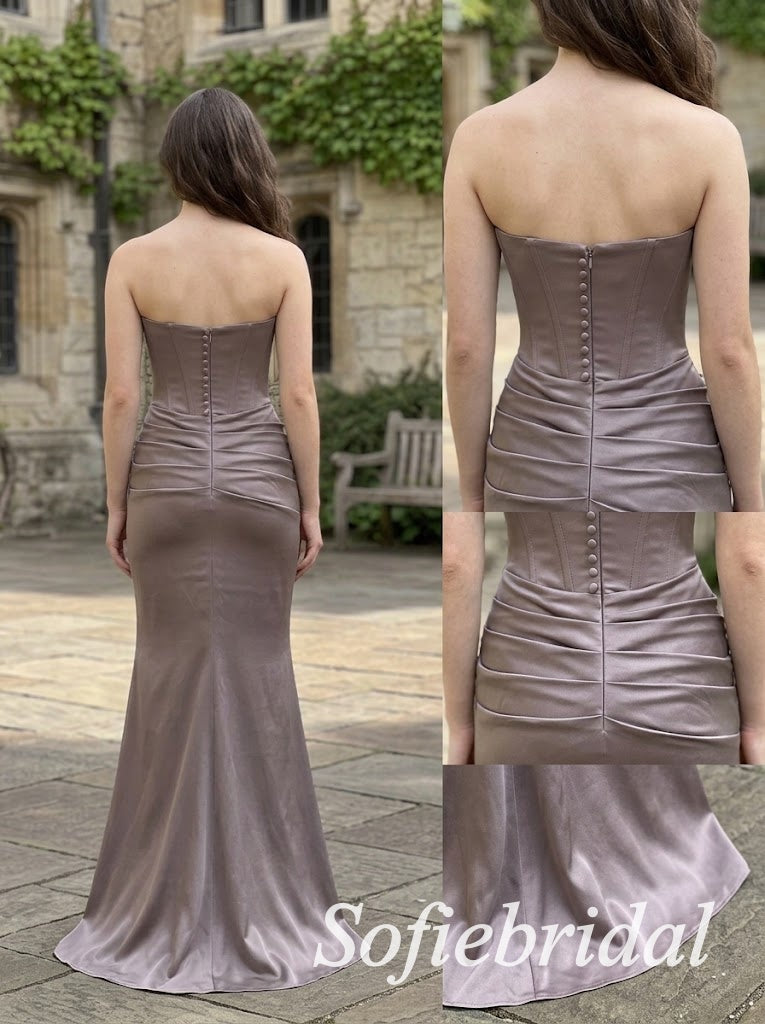 DustyTaupe Satin Strapless Sweetheart Corset Pleated Mermaid Floor Length Bridesmaid Dress,PD1355