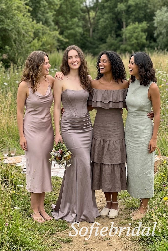 DustyTaupe Satin Strapless Sweetheart Corset Pleated Mermaid Floor Length Bridesmaid Dress,PD1355