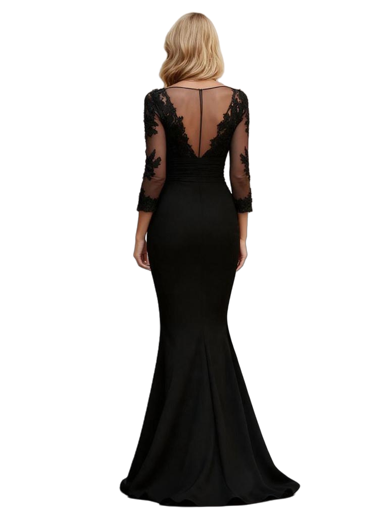 Glamorous Black Illusion Long Sleeves High Slit Mermaid Mother of Bride Dress, SFM015