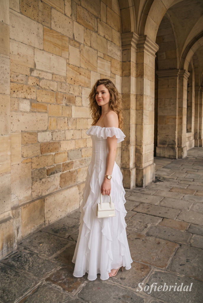 White Off The Shoulder Ruffle Chiffon A Line Dress, Corset Floor Length Formal Gown,PD13893
