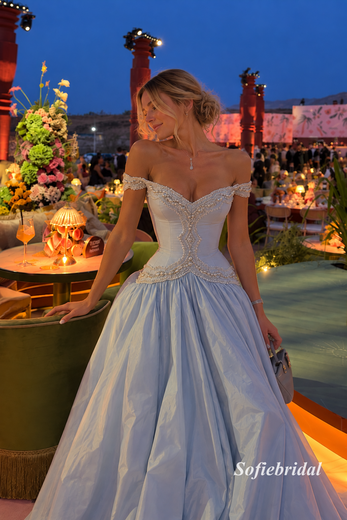 Light Blue Off Shoulder Beaded Corset Ballgown Prom Dress, Pearl Embellished Formal Evening Gown, PD13954
