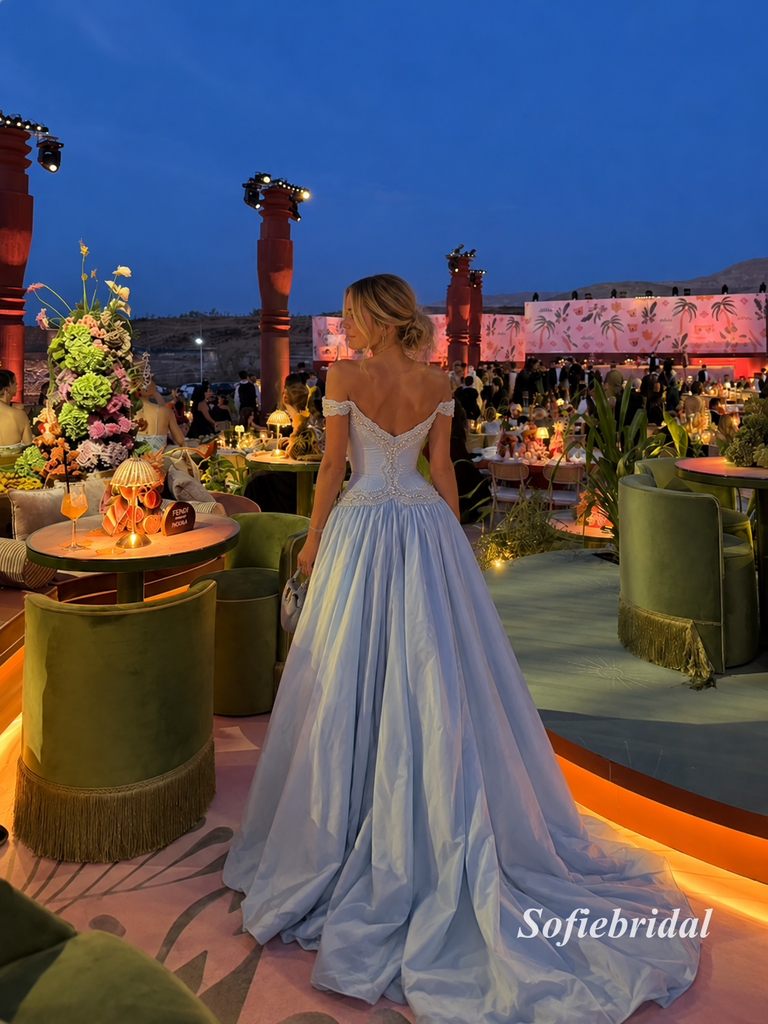Light Blue Off Shoulder Beaded Corset Ballgown Prom Dress, Pearl Embellished Formal Evening Gown, PD13954