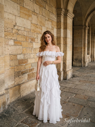 White Off The Shoulder Ruffle Chiffon A Line Dress, Corset Floor Length Formal Gown,PD13893