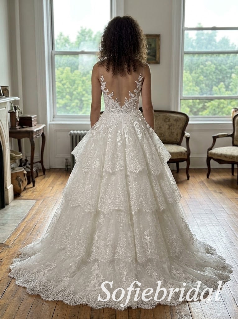 White Tulle Deep V Sleeveless Illusion Open Back 3D Lace Tiered A-Line Bridal Gown, SFWD0098