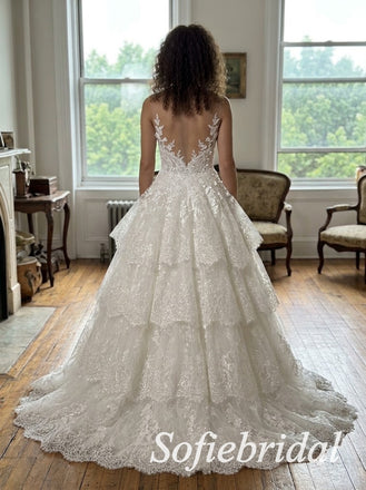 White Tulle Deep V Sleeveless Illusion Open Back 3D Lace Tiered A-Line Bridal Gown, SFWD0098