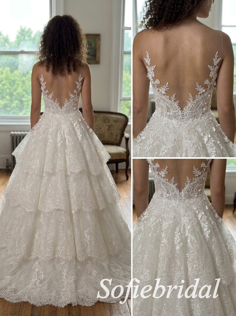 White Tulle Deep V Sleeveless Illusion Open Back 3D Lace Tiered A-Line Bridal Gown, SFWD0098