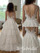 White Tulle Deep V Sleeveless Illusion Open Back 3D Lace Tiered A-Line Bridal Gown, SFWD0098