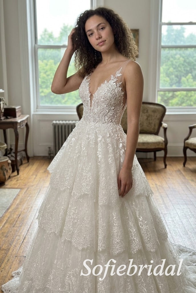 White Tulle Deep V Sleeveless Illusion Open Back 3D Lace Tiered A-Line Bridal Gown, SFWD0098