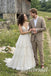 White Tulle Deep V Sleeveless Illusion Open Back 3D Lace Tiered A-Line Bridal Gown, SFWD0098