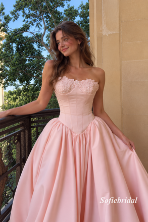 Blush Pink Strapless Lace Corset Ballgown Prom Dress, Appliqued Formal Evening Gown, PD13955