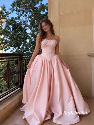 Blush Pink Strapless Lace Corset Ballgown Prom Dress, Appliqued Formal Evening Gown, PD13955