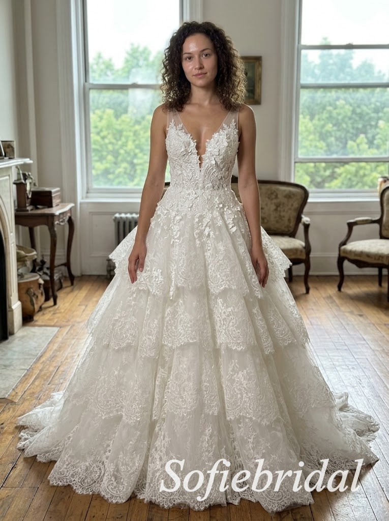 White Tulle Deep V Sleeveless Illusion Open Back 3D Lace Tiered A-Line Bridal Gown, SFWD0098